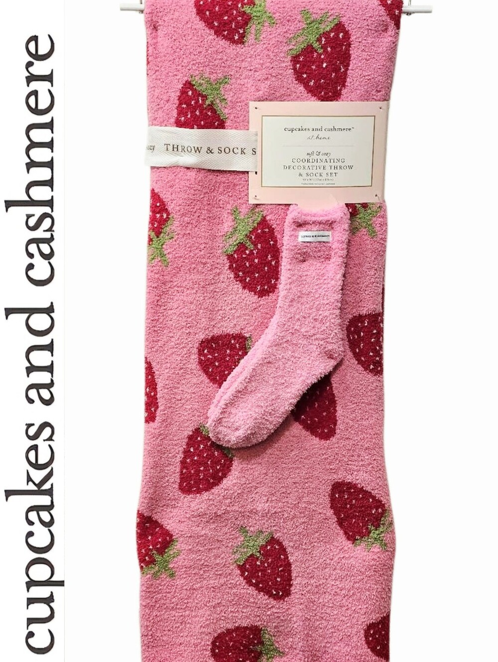 Cupcakes & Cashmere Soft & Cozy Strawberry Decorative Throw Blanket & Sock Set